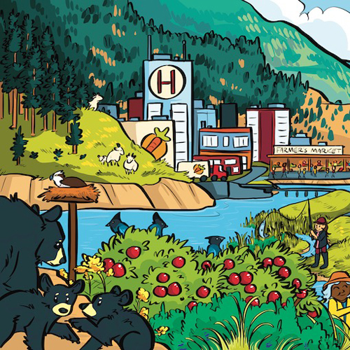 part of an illustration of the Okanagan Valley from the Okanagan Bioregion Food System Project